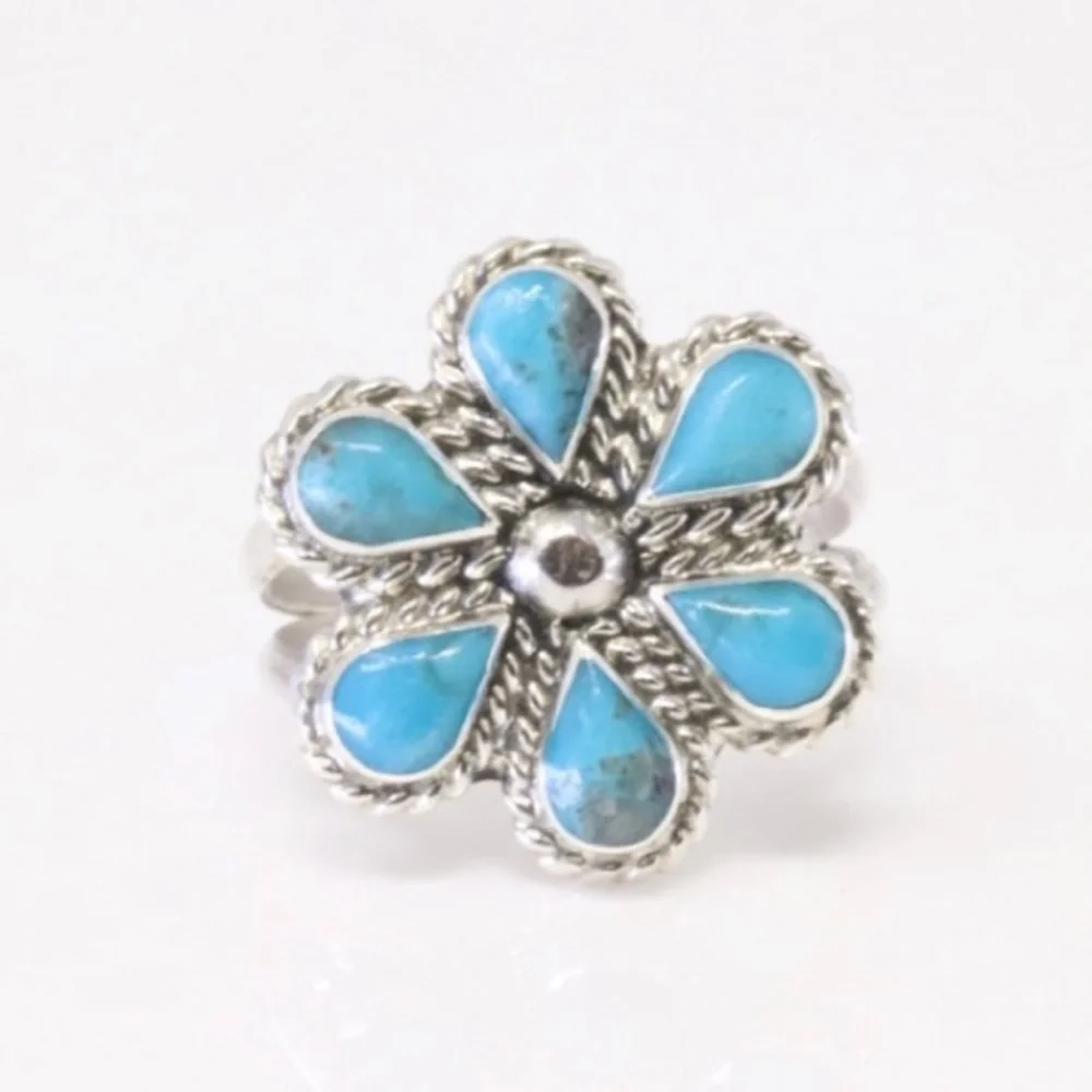 Native‎ American Sterling Silver Turquoise Flower Ring MGD Mary Grace Design sz6